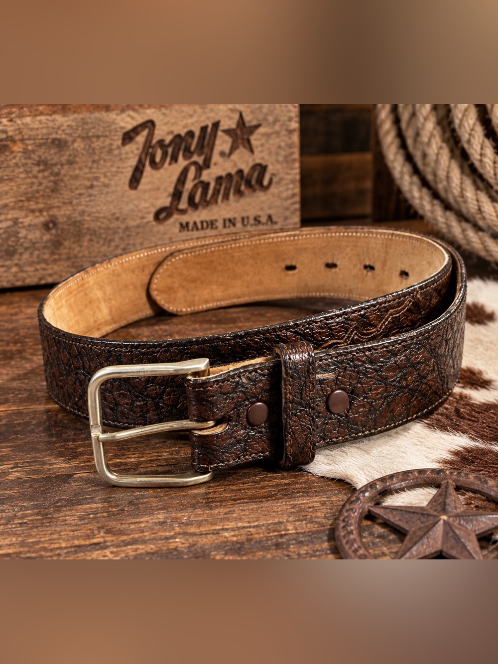 Tony Lama Dark Brown Textured Leather Belt with Brass Buckle